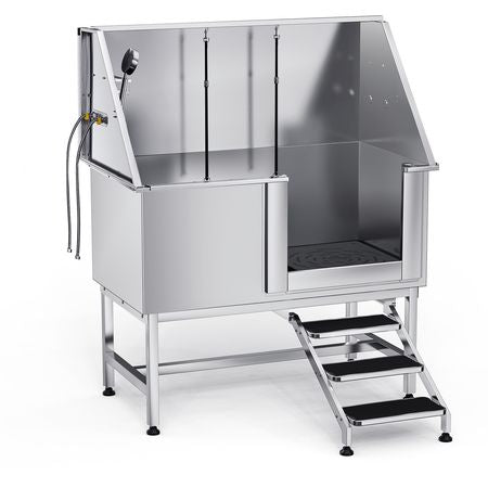 Stainless Steel Dog Washing Station 50 Inch Pet Grooming Tub with Low-Slope Non-Slip Stairs, Hot & Cold Faucet, Showerhead, Home Wash Sink, Fits Medium and Large Pets (Right Door)