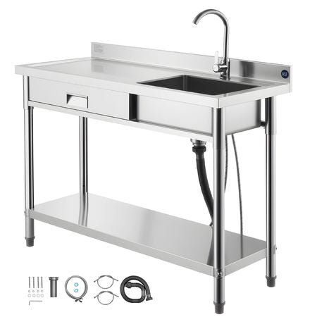 Stainless Steel Utility Sink, Rolling Single Bowl Commercial Kitchen Sink with Drawer, Faucet and Hot & Cold Water Pipe, Utility Basin for Garage, Restaurant, Laundry, 47.2 x 19.7 x 37 in