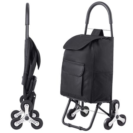 Stair Climber Trolley Dolly, 36L Folding Shopping Cart, Grocery Cart Trolley Laundry Stair Climbing Handcart with 6 Wheels & Oxford Cloth Bag, Foldable Cart for Shopping Grocery Laundry, Black