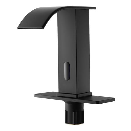 Touchless Bathroom Sink Faucet, Automatic Motion Sensor Waterfall Restroom Toilet Faucet with Hole Cover Plate, Battery Operated,Hot/Cold Water for 9/16 in Pipe Commercial Lavatory,Matte Black
