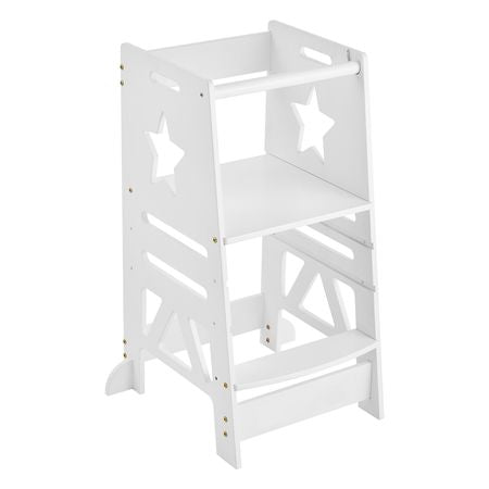 Tower Step Stool, 3-Level Height Adjustable Toddler Step Stools for Kids, Kitchen Stool Helper, Bamboo Standing Tower Learning Stool with Safety Rail for Kitchen Counter Bathroom, 350LBS, White