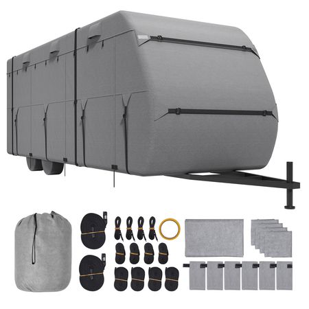 Travel Trailer Cover, 22-24 ft RV Cover, 4-Layer Non-Woven Fabric Camper Cover, Waterproof, Windproof and Rip-Stop Class A RV Cover, with Storage Bag, Repair Patches, Straps and Tire Covers