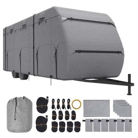 Travel Trailer Cover, 27-30 ft RV Cover, 4-Layer Non-Woven Fabric Camper Cover, Waterproof, Windproof and Rip-Stop Class A RV Cover, with Storage Bag, Repair Patches, Straps and Tire Covers