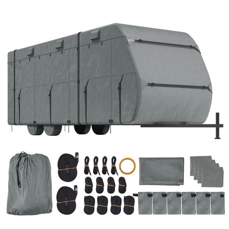 Travel Trailer Cover, 28-31 ft RV Cover, Top 300D Oxford Fabric Camper Cover, Waterproof, Windproof and Rip-Stop Class A RV Cover, with Storage Bag, Repair Patches, Straps and Tire Covers