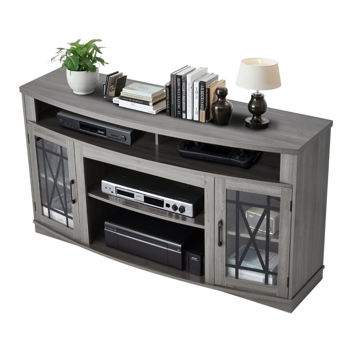 TV Stand for TVs up to 65 inch, Farmhouse Entertainment Center with Light Strip, Wooden TV Cabinet Storage with Glass Doors and Adjustable Shelves, Console Table for Living Room, Bedroom, Gray