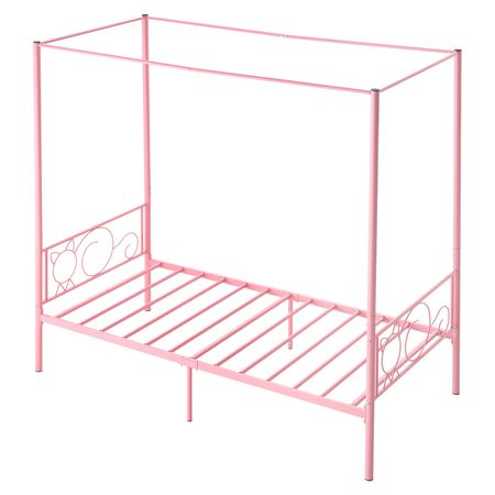 Twin Size Canopy Bed Frame, Metal Canopy Bed with Minimalist Headboard & Four Posters Design, Heavy Duty Steel Slats Support, Underbed Storage Space, No Box Spring Needed, Easy Assembly, Pink