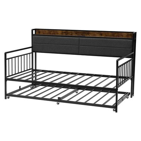 Twin Size Daybed Frame, Day Bed with Trundle, Heavy Duty Metal Platform Bed Frame with Charging Station, Twin Daybed with Metal Slats Support for Living Room, Bedroom, Guest Room, Easy Assembly