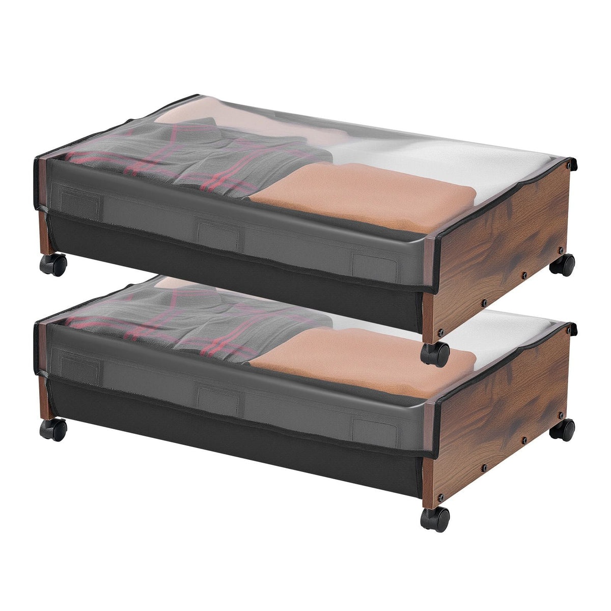 Under Bed Storage with Wheels, 25.6 x 18.1 x 7.1 inch Underbed Containers, Underbed Shoes Organizer with Lockable Wheels, Rolling Under the Bed Storage Bins for Clothes, Shoes, Blankets, 2 Pack