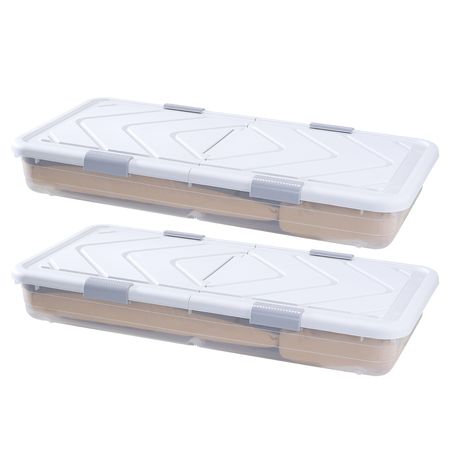 Under Bed Storage with Wheels, 39.8 x 20.1 x 5.9 inch Underbed Containers, Underbed Shoes Organizer with Lid & Gray Latch, Rolling Under the Bed Storage Bins for Clothes Shoes Blankets, 2 Pack