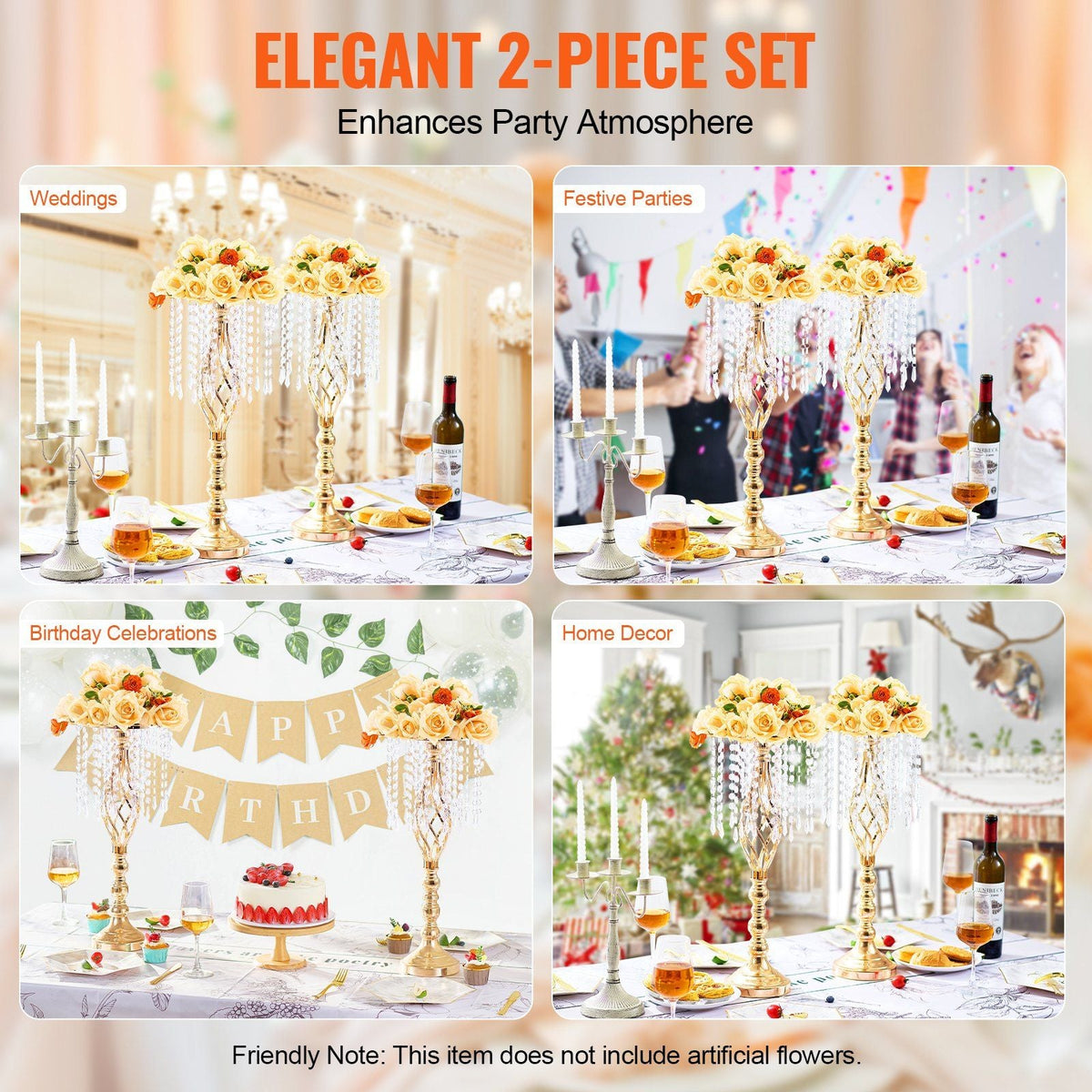 2PCS 55cm/21.65' Tall Crystal Wedding Flower Stand Vase for Party Decor