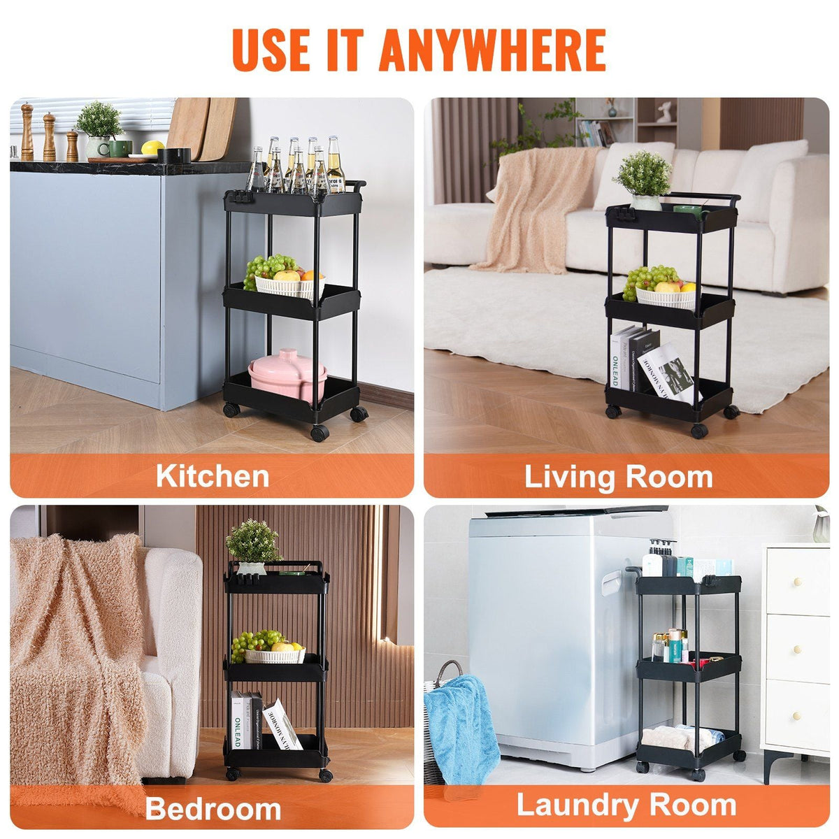 3-Tier Rolling Utility Cart, Kitchen Cart with Lockable Wheels, Multi-Functional Storage Trolley with Handle for Office, Living Room, Kitchen, Movable Storage Basket Organizer Shelves, Black