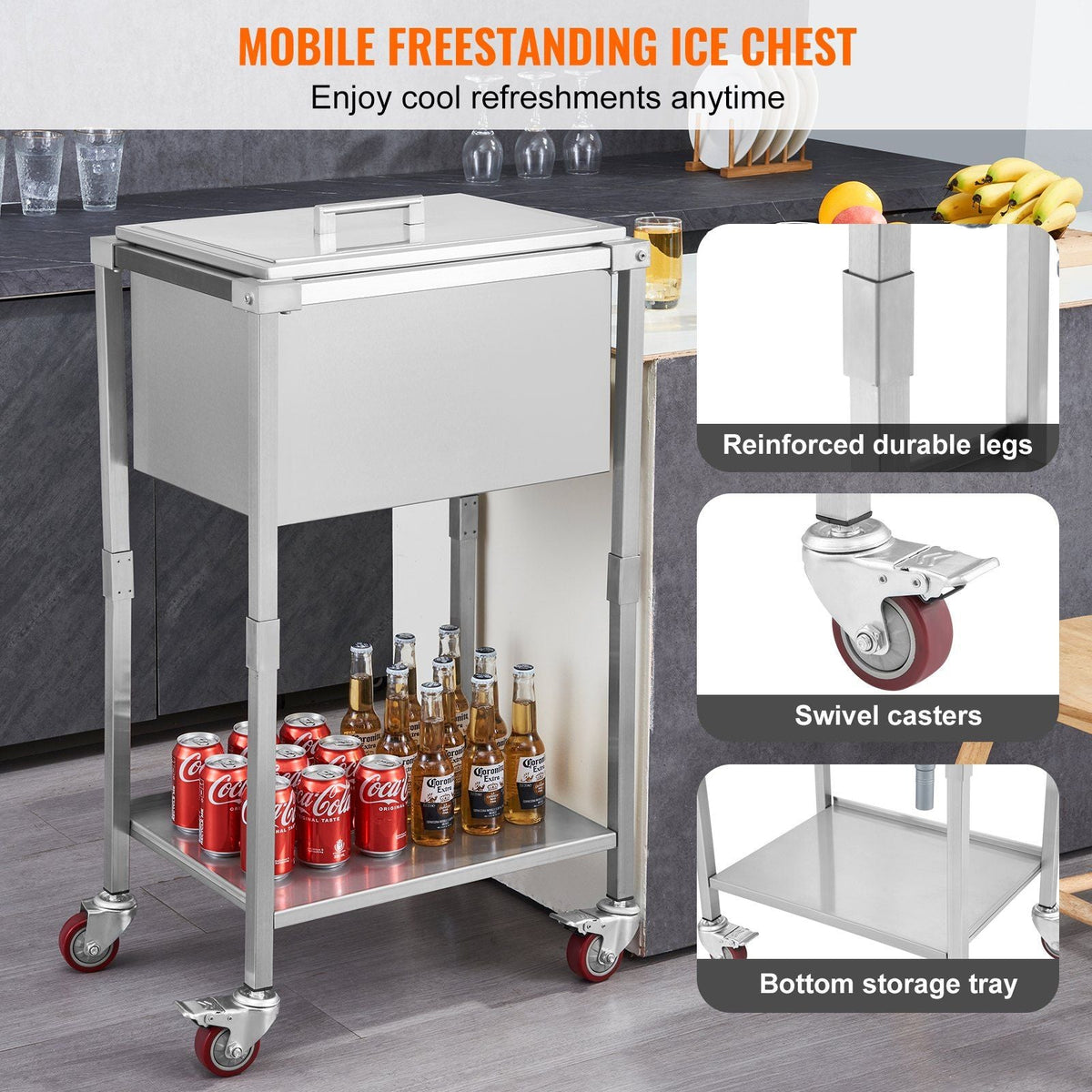32qt Rolling Ice Chest Cooler Cart Outdoor Stand Up Cooling Bin on Wheels