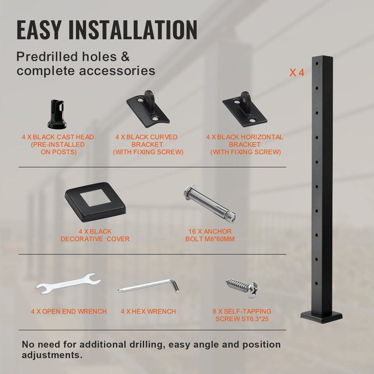 4-Pack Cable Railing Post, 36" x 2" x 2" Steel Horizontal Hole Deck Railing Post, 10 Pre-Drilled Holes, SUS304 Stainless Steel Cable Rail Post with Horizontal and Curved Bracket, Black