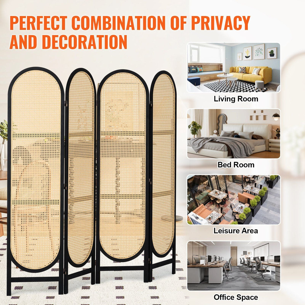 4 Panel Room Divider, Hand-Woven Rattan Folding Privacy Screens with Hinges, Portable Partition Room Dividers, Wooden Freestanding Wall Divider for Room Separation, Living Room, Bedroom, Brown