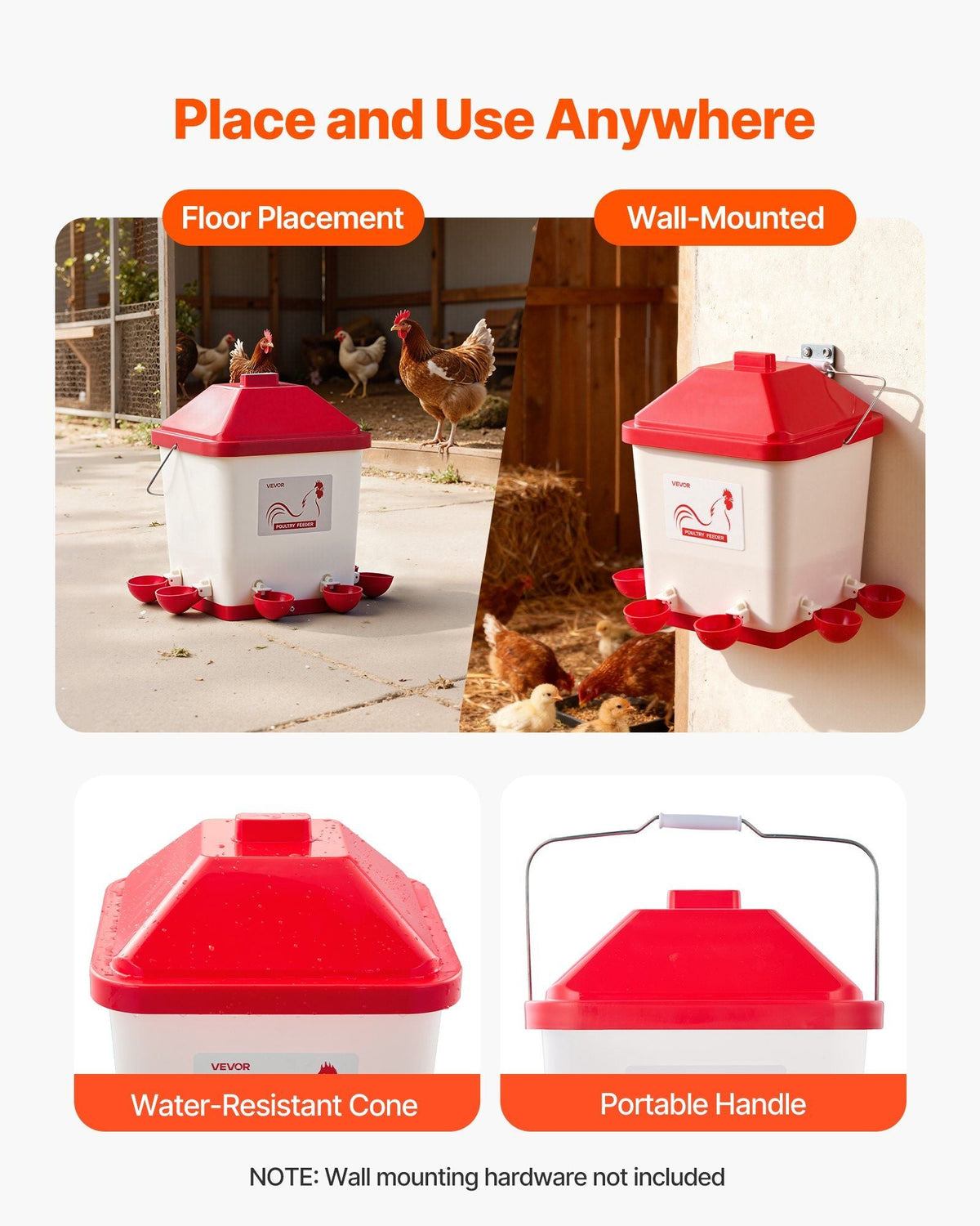 5 Gallon Automatic Chicken Waterer, 6 Water Ports, Automatic-Fill Water Cup, Automatic Gravity Waterer with Handle & Sealed Rubber Ring, Waterproof PP Material, No Waste Design, for Chicken