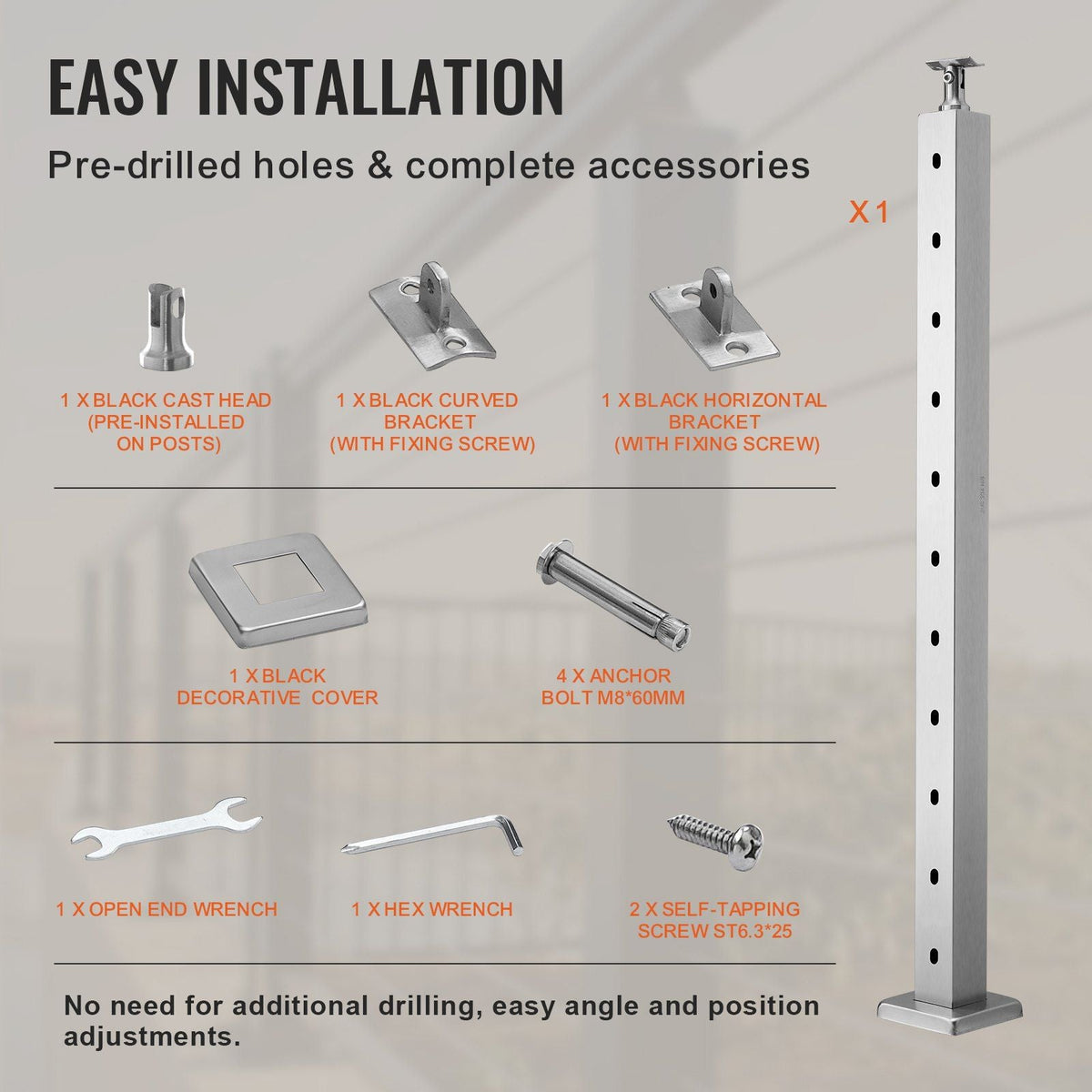 Cable Railing Post, 36" x 2" x 2" Steel Horizontal Hole Deck Railing Post, 10 Pre-Drilled Holes, SUS304 Stainless Steel Cable Rail Post with Horizontal and Curved Bracket, 1-Pack, Silver