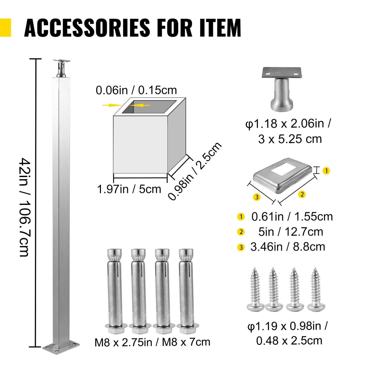 Cable Railing Post Level Deck Stair Post 42 x 0.98 x 1.97" Cable Handrail Post Stainless Steel Wire Drawing Deck Railing DIY Picket Without Hole Stair Railing Kit with Mount Bracket Silver