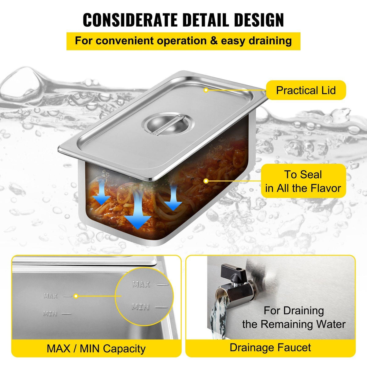 Commercial Food Warmer 3-Pan 850W Electric Countertop Steam Table 15cm/6inch Deep Stainless Steel Bain Marie Buffet Food Warmer Large Capacity 7 Quart/Pan for Catering and Restaurants