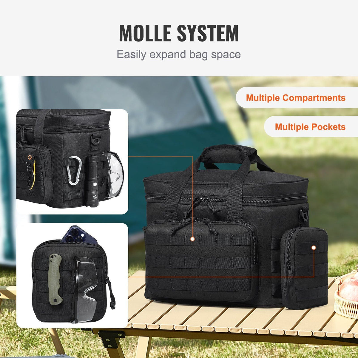 Cooler Bag, 20L Insulated Lunch Bag with Molle Design and Multi-Pocket, 600D Cooler Lunch Box with Removable Storage Bags, Soft Cooler for Office, Picnic, Hiking, Beach or Beverage, Black