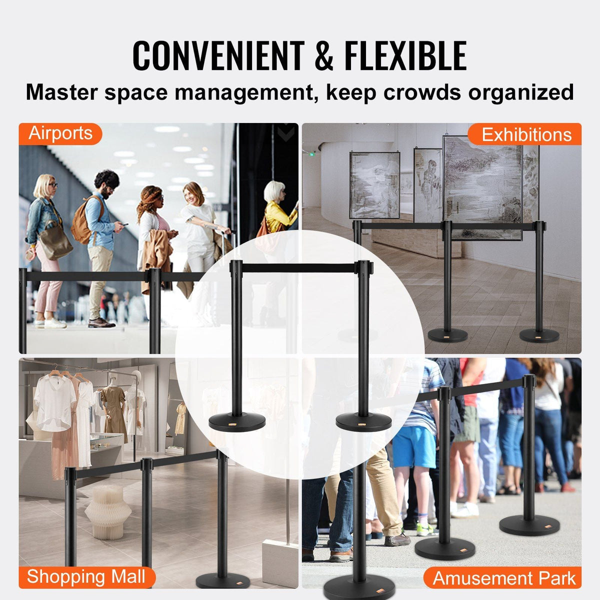Crowd Control Stanchions, 2-Pack Crowd Control Barriers, Carbon Steel Baking Painted Stanchion Queue Post with 11FT Black Retractable Belt, Belt Barriers Line Divider for Exhibition, Airport