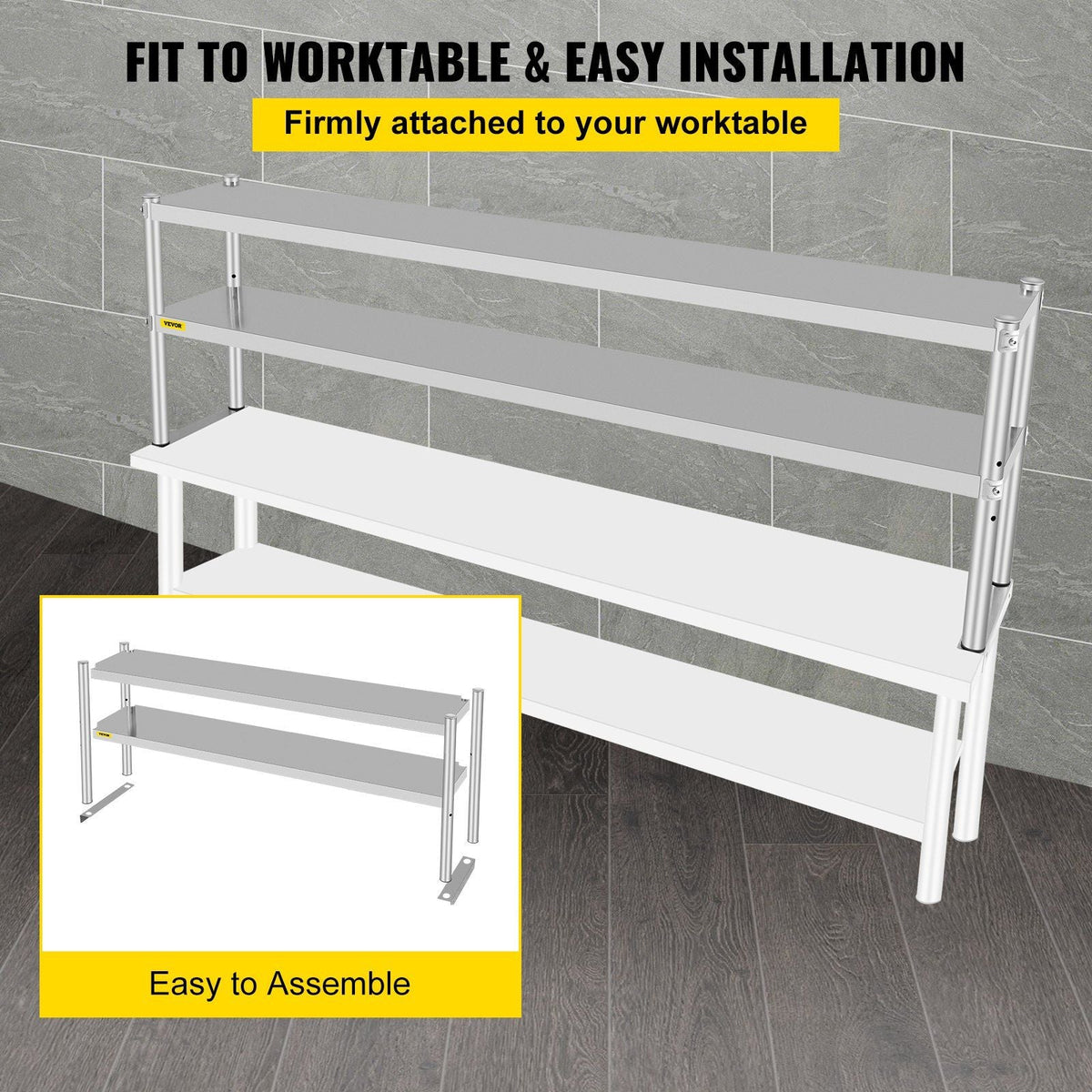Double Overshelf, Double Tier Stainless Steel Overshelf, 72 in Length x 12 in Width Double Deck Overshelf, Height Adjustable Overshelf for Prep & Work Table in Kitchen, Restaurant and Workshop