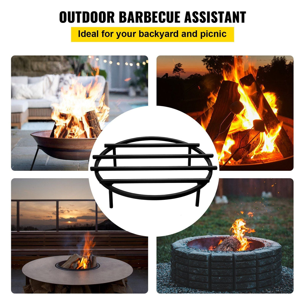 Fire Pit Grate, Heavy Duty Iron Round Firewood Grate, Round Wood Fire Pit Grate 18", Firepit Grate with Black Paint, Fire Grate with 4 Removable Square Legs for Burning Fireplace and Firepits