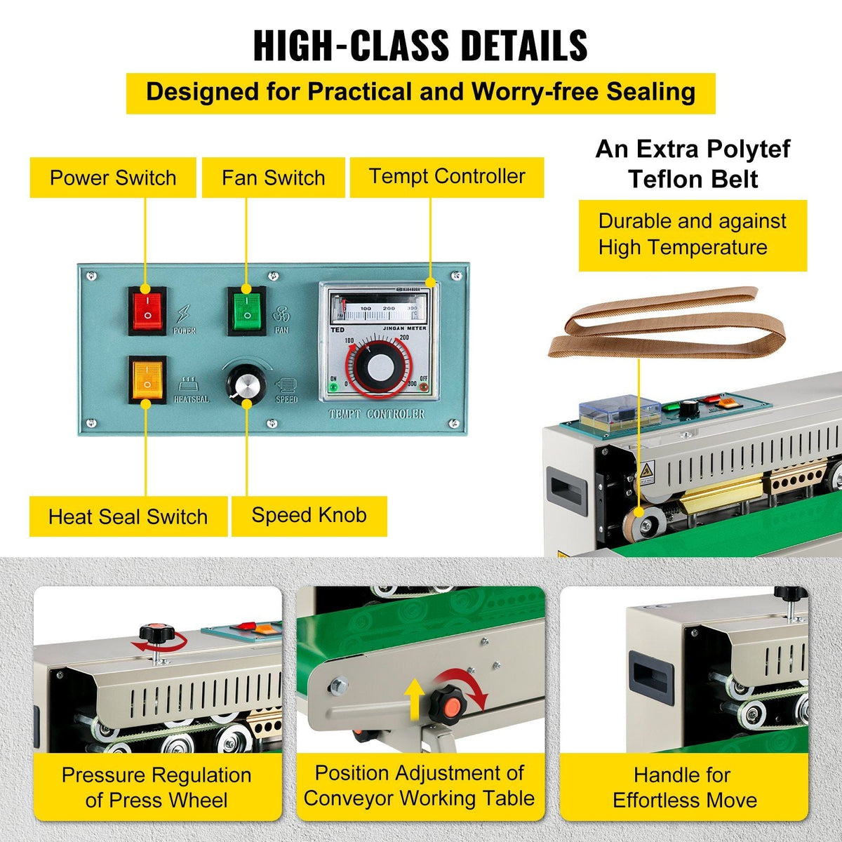 FR-900 Continuous Band Sealer, Automatic Horizontal Band Sealer 110V, Continuous Sealing Machine Temperature Control, Bag Sealer Machine for PVC Bags Films