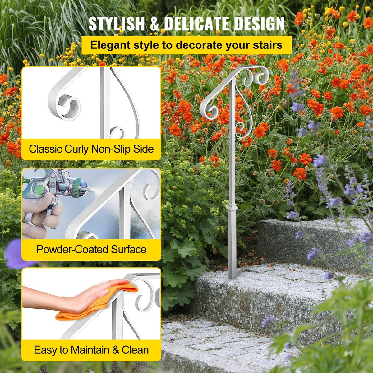 Handrails for Outdoor Steps, Fit 1 or 2 Steps Outdoor Stair Railing, Single Post Wrought Iron Handrail Flower Design, White Porch Railings for Concrete Steps or Wooden Stairs Without Base