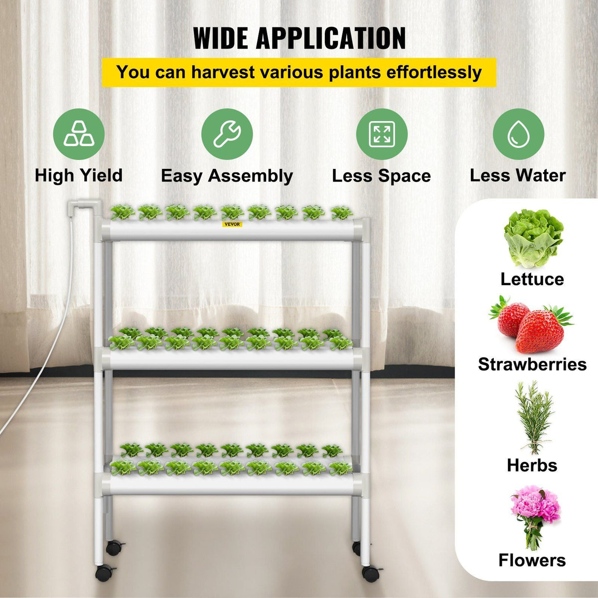 Hydroponics Growing System, 54 Sites 6 Food-Grade PVC-U Pipes, 3 Layers Indoor Planting Kit with Water Pump, Timer, Nest Basket, Sponge for Fruits, Vegetables, Herb, White