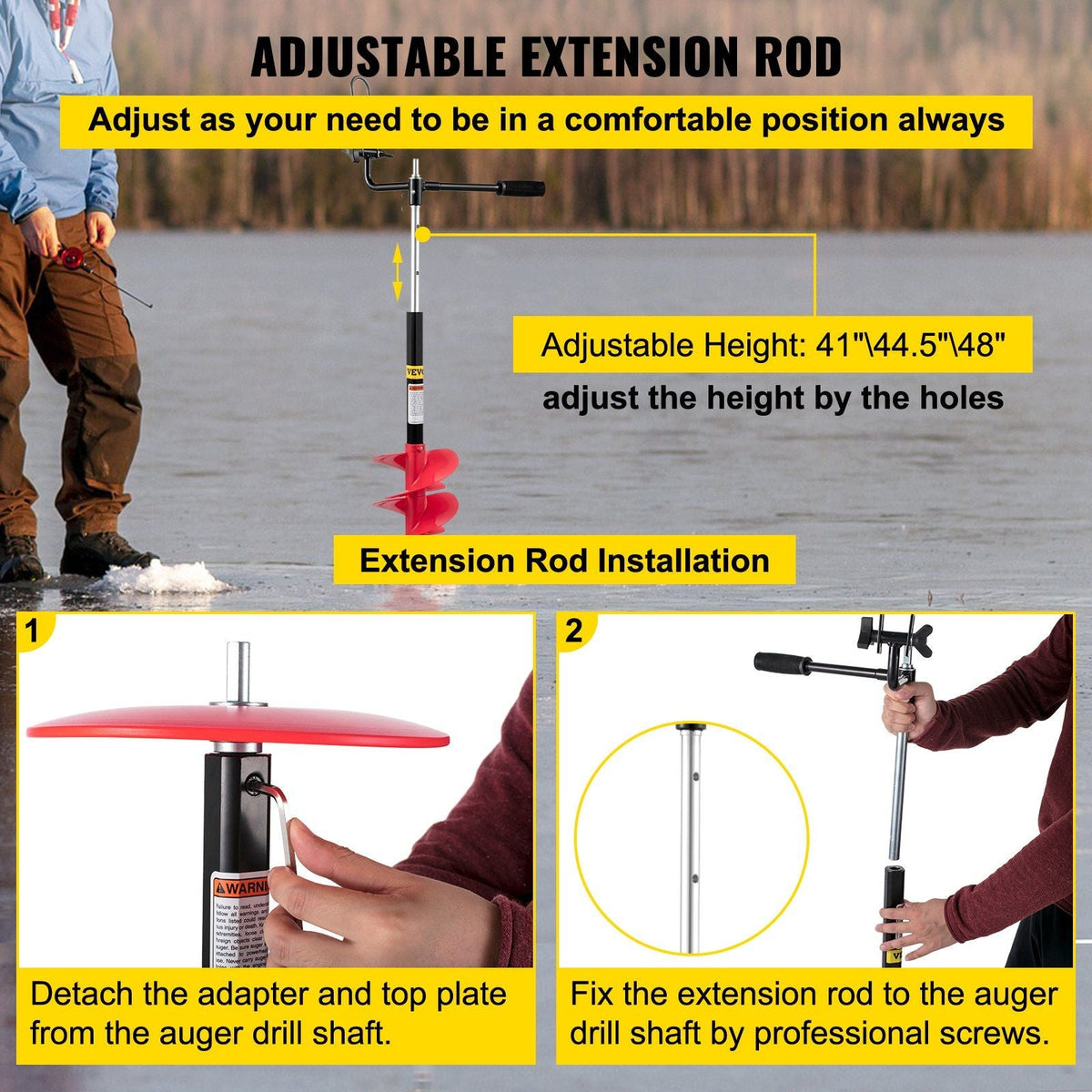 Ice Drill Auger, 8'' Diameter Nylon Ice Auger, 41'' Length Ice Auger Bit, Auger Drill w/ 14'' Adjustable Extension Rod, Rubber Handle, Drill Adapter, Replaceable Auger Blade for Ice Fishing Red