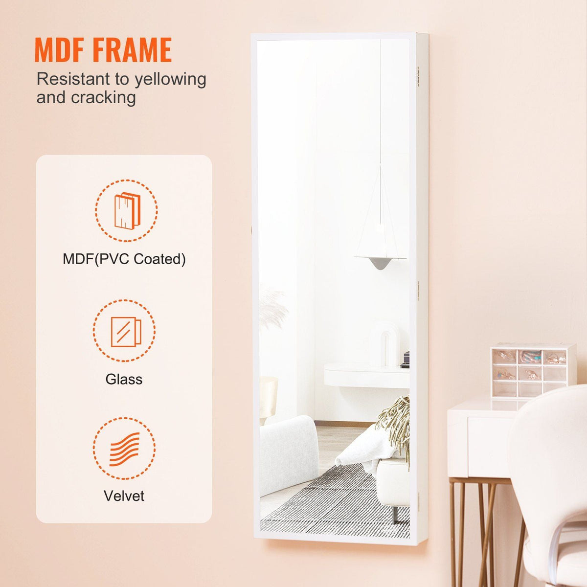 Mirror Jewelry Cabinet 42.52in Lockable Wall or Door Mounted Armoire White