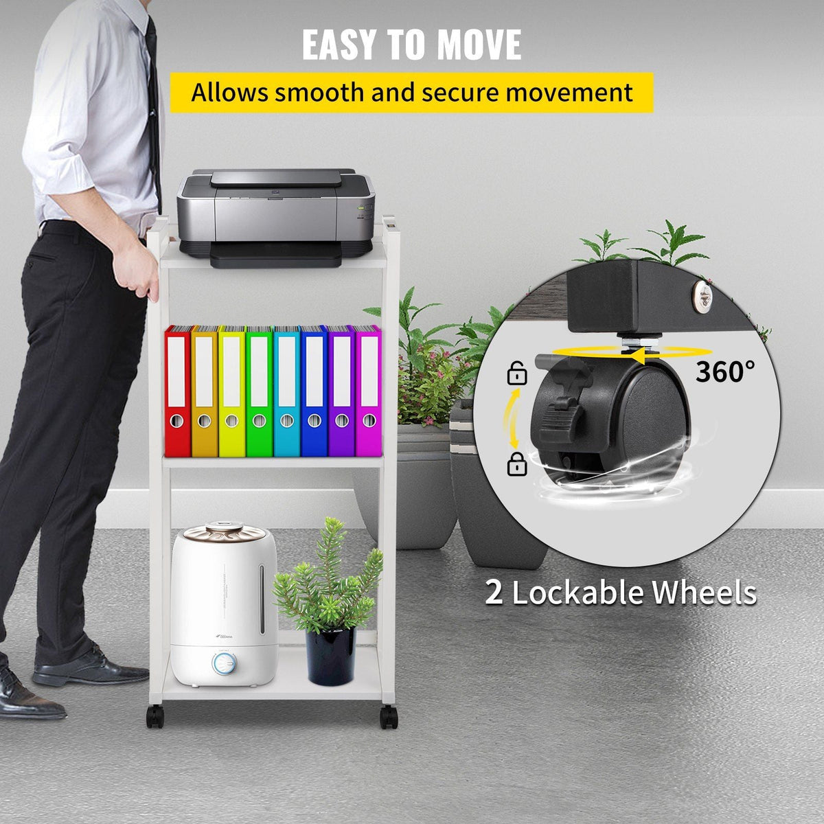 Printer Stand, 3-Tier Rolling Printer Cart, Adjustable Storage Shelf Rack on Lockable Wheels, 19.69x 13.78x 42 inch Printer Table for Home Office Small Spaces Organization, White