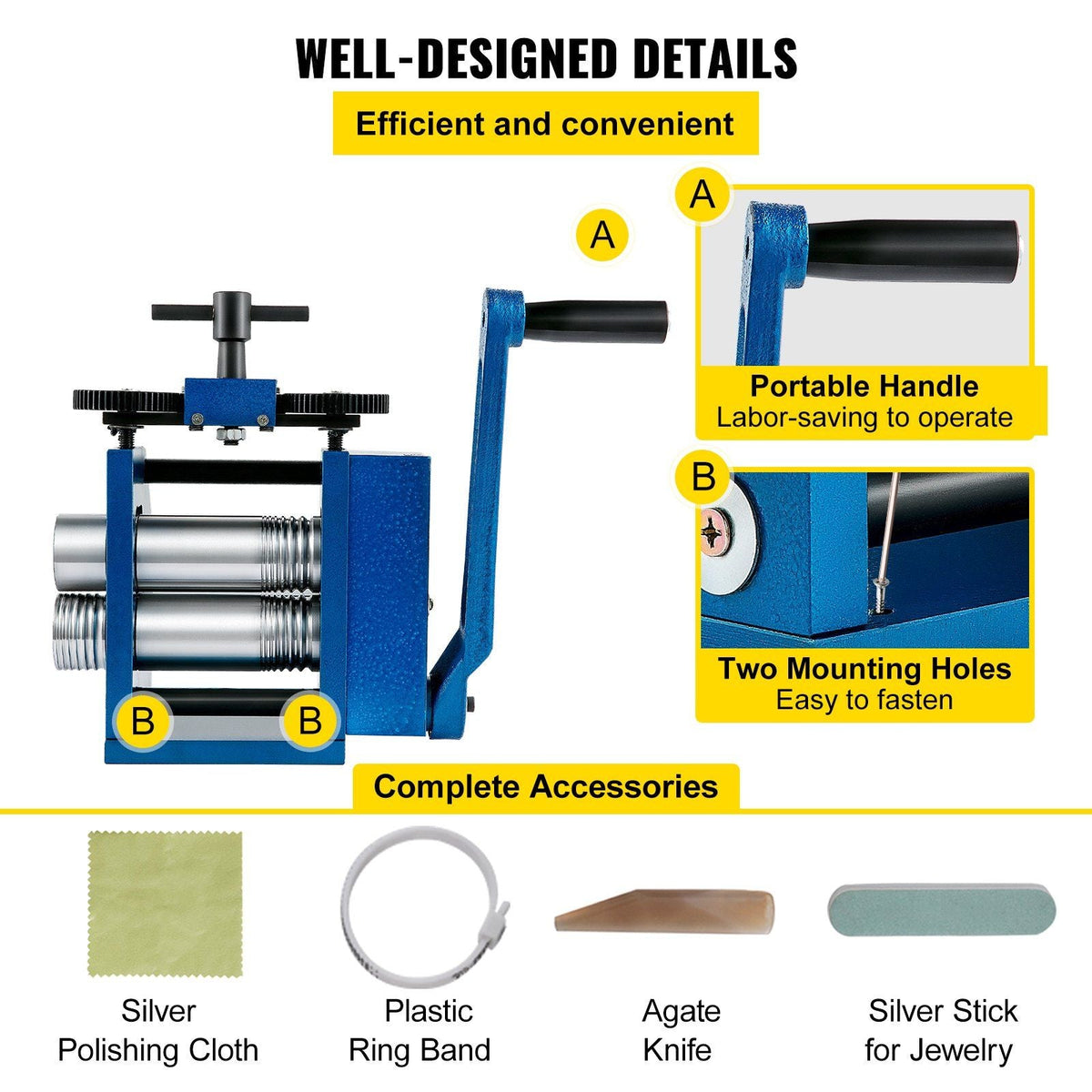 Rolling Mill 4.4"/112mm Jewelry Rolling Mill Machine Gear Ratio 1:2.5 Wire Roller Mill 0.1-7mm Press Thickness Manual Combination Rolling Mill for Jewelry Sheet Square Semicircle Circle Pattern