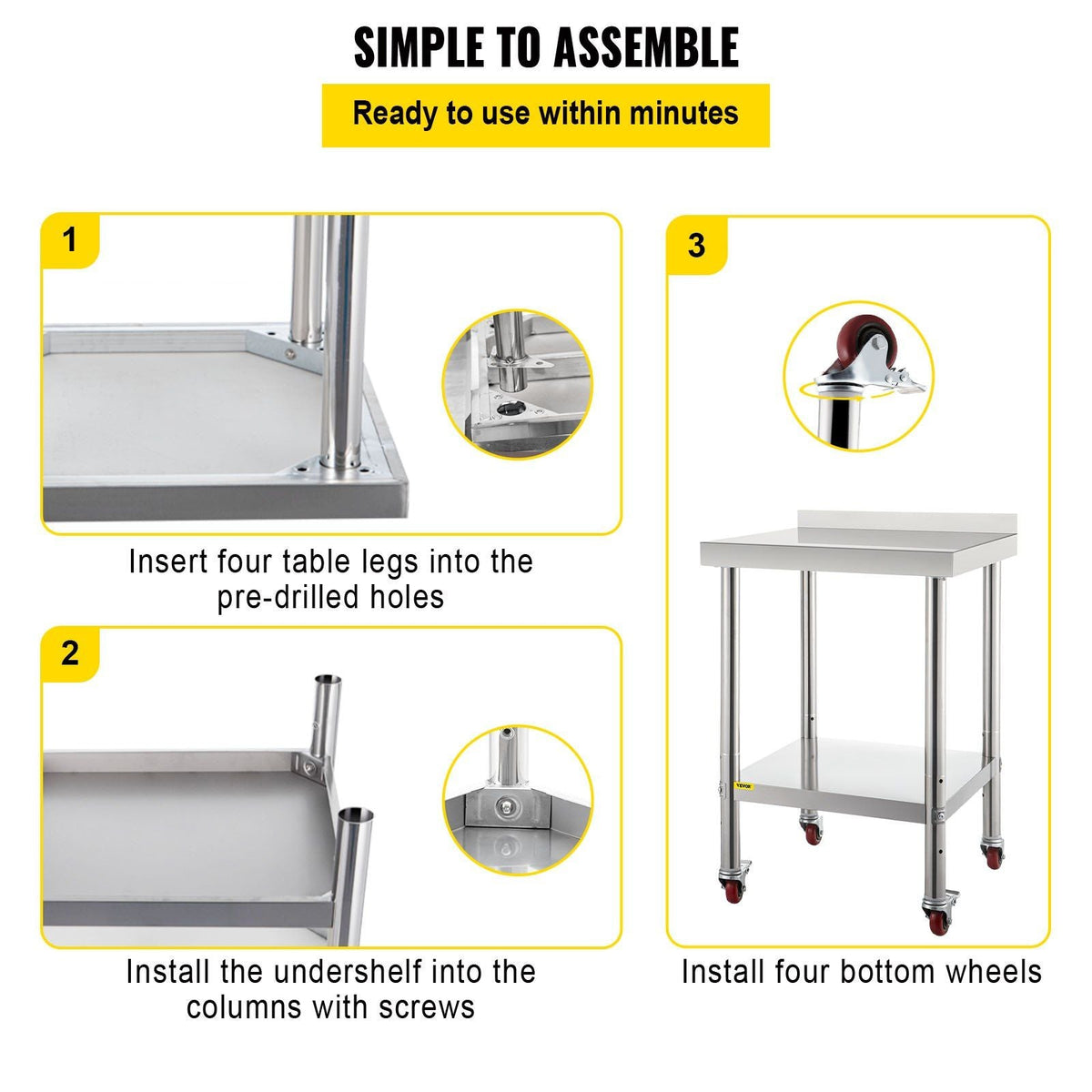 Stainless Steel Prep Table, 24 x 24 x 35 Inch, 440lbs Load Capacity Heavy Duty Metal Worktable with Backsplash Adjustable Undershelf & 4 Casters, Commercial Workstation for Kitchen Restaurant