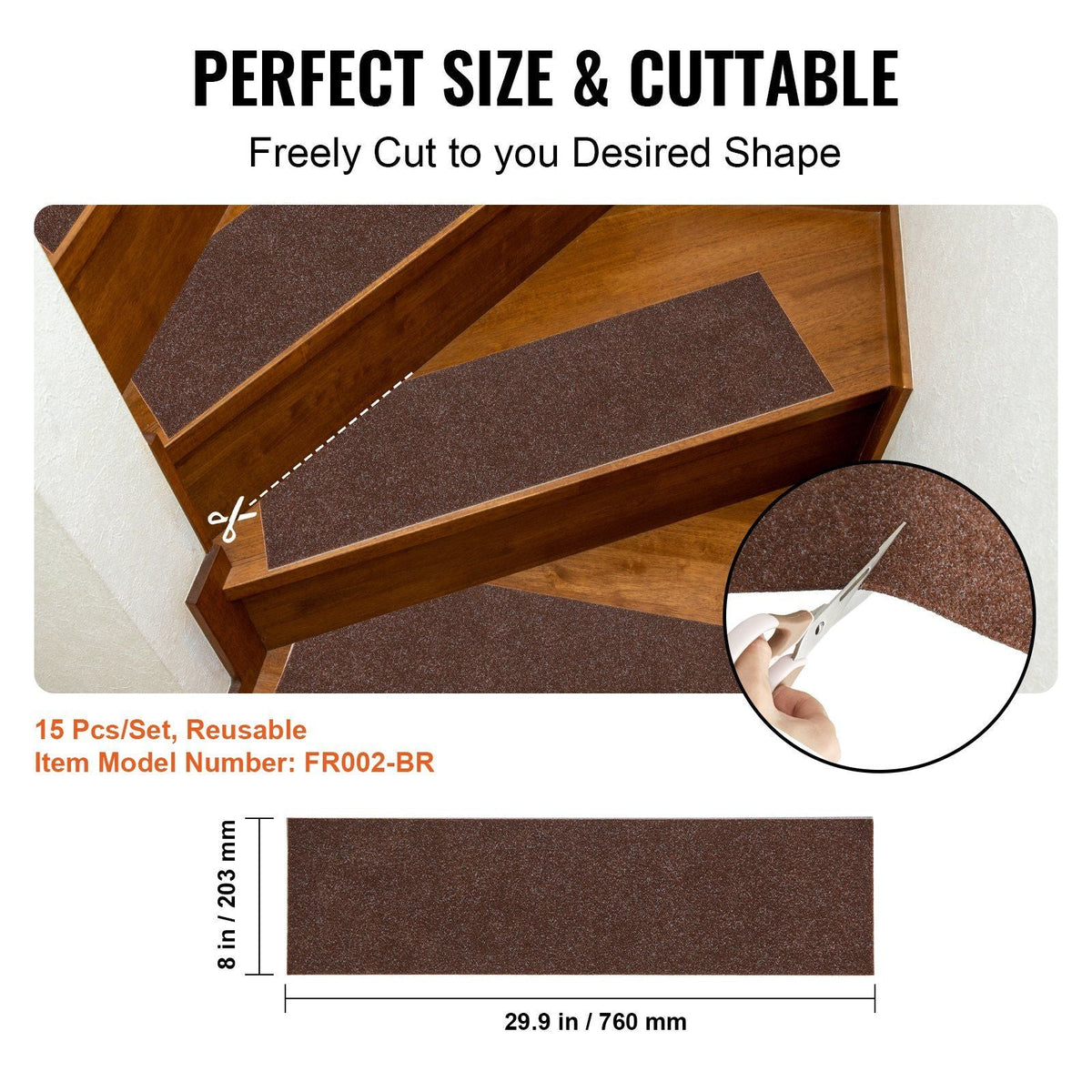 Stair Treads, Non-slip Stairs Carpet 8 x 30 inch, Indoor Stair Runner for Wooden Steps, Anti-slip Carpet Stair Rugs Mats for Kids Elders and Dogs, 15 pcs, Brown