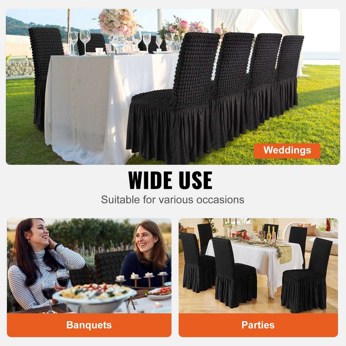Stretch Spandex Folding Chair Covers, Universal Fitted Chair Cover with Skirt, Removable Washable Protective Slipcovers, for Wedding, Holiday, Banquet, Party, Celebration, Dining (4 PCS Black)