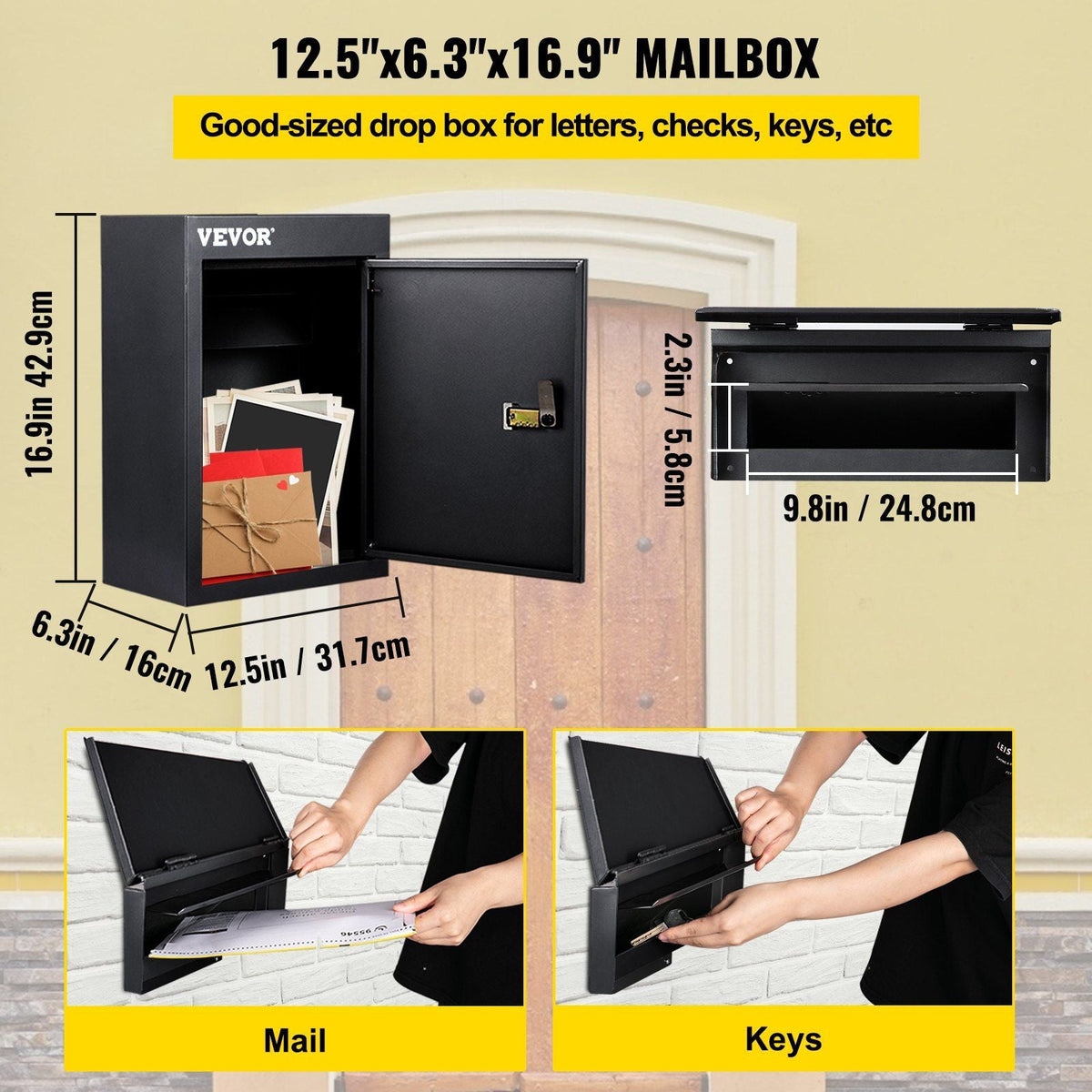 Through The Wall Drop Box, 12.5''x6.3''x16.9'' Mail Drop Box w/Adjustable Chute, Deposit Drop Box w/Code Lock, Rainproof Wall Mount Mailbox for Letters, Rents, Check & Keys, Home & Office, Black