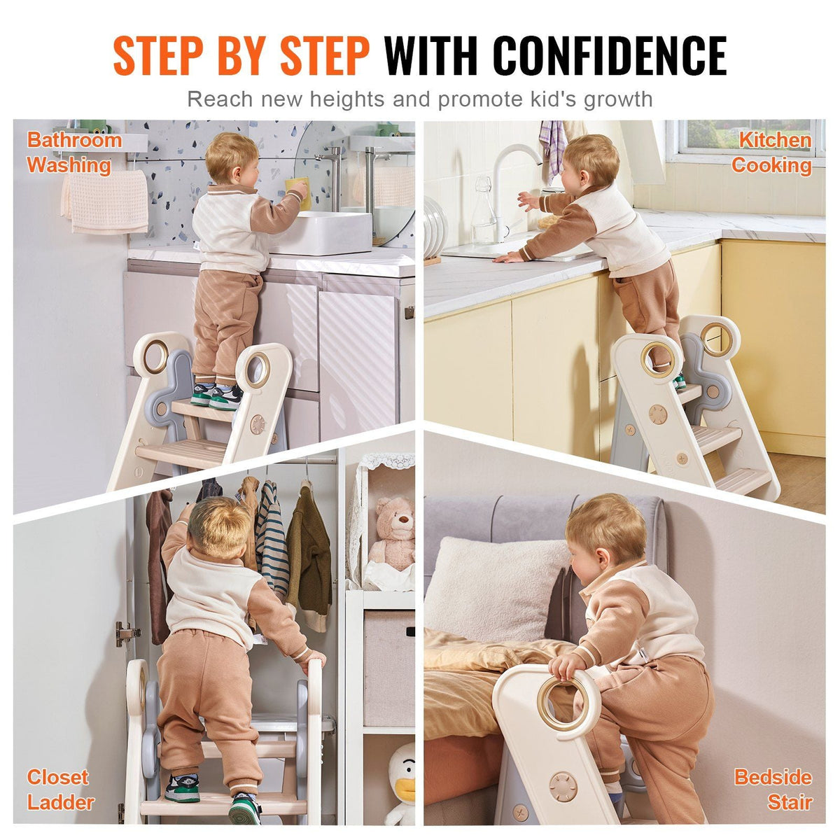 Toddler Step Stool, Adjustable 3 Step to 2-Step Kitchen Stool for Kids, Foldable Plastic Standing Tower Leaning Stool with Handles for Kitchen, Toilet Potty Training, Bathroom (Gray)