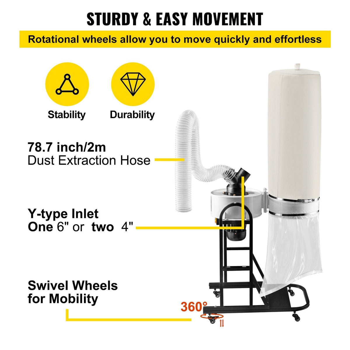 Vortex Dust Collector Woodworking Dust Collector 1.5HP 220V w/ Mobile Base