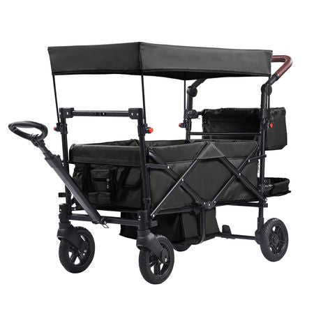 Wagon Stroller for 2 Kids, Push Pull Quad Collapsible Stroller with Adjustable Handle, Encircling Harness Removable Canopy, 4 Wheels with Brakes, Mutifunction Tandem Stroller for Camping Black
