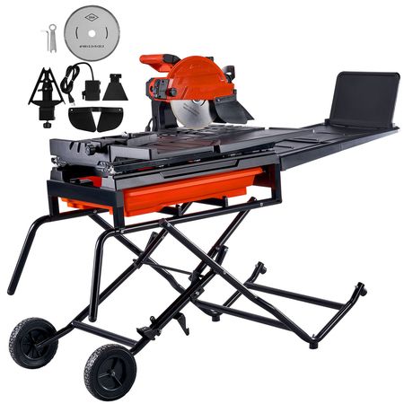 Wet Tile Saw with Stand, 10-inch 65Mn Steel Blade, 4500 RPM Motor, Tile Cutter Wet Saw with Water Reservoir and Casters, 0-45 Degrees Miter Angle for Cutting Tiles, Floor Tiles, and Stones