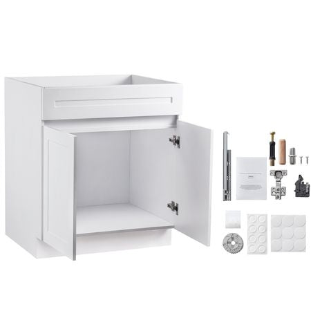White Shaker Base Cabinet, 30-Inch Unassembled Sink Base Cabinet, 30" W x 24" D x 34.5" H Ready to Assemble Cabinet with Soft-Close Doors and Adjustable Shelf, for Home Office