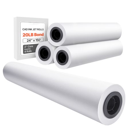 Wide Format Paper, 24 in x 150 ft Plotter Paper, 4 Rolls CAD Bond Rolls with 2 in Core, 20 LB Bond Paper Rolls, Idea for CAD Drawings, Engineering Plans, GIS Maps & Architectural Designs