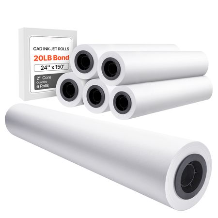 Wide Format Paper, 24 in x 150 ft Plotter Paper, 6 Rolls CAD Bond Rolls with 2 in Core, 20 LB Bond Paper Rolls, Idea for CAD Drawings, Engineering Plans, GIS Maps & Architectural Designs