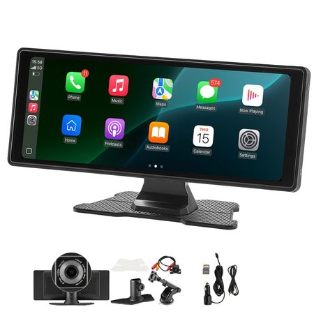 Wireless Car Stereo, 10-Inch HD Portable Radio Touch Screen with Apple CarPlay and Android Auto, CarPlay Screen with Front & Backup Cameras, Voice Control, Mirror Link, Bluetooth, GPS Navigation
