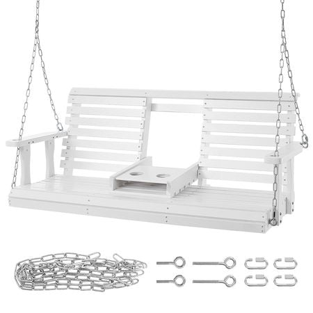 Wooden Porch Swing 5 ft, Patio bench swing for Courtyard & Garden, Upgraded 880 lbs Strong Load Capacity, Heavy Duty Swing Chair Bench with Hanging Chains for Outdoors, White