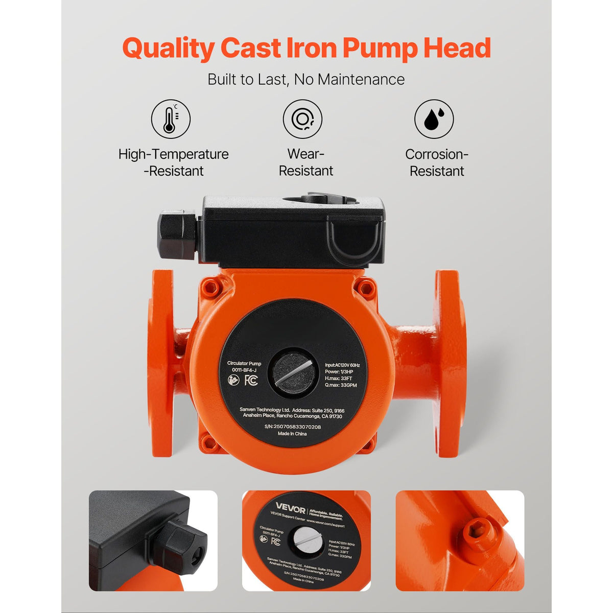 0011-BF4-J Cast Iron Circulator Pump, 33 GPM, AC 120V 33 ft Hot Water Recirculating Circulation Pump, 1-1/4 in Flange Connection, 3-Speed Adjustment, Quiet Operation, for Home Heating System