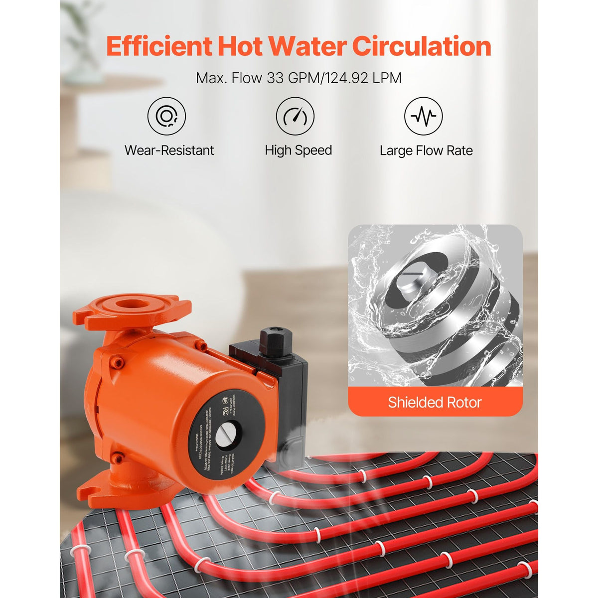 0011-BF4-J Cast Iron Circulator Pump, 33 GPM, AC 120V 33 ft Hot Water Recirculating Circulation Pump, 1-1/4 in Flange Connection, 3-Speed Adjustment, Quiet Operation, for Home Heating System
