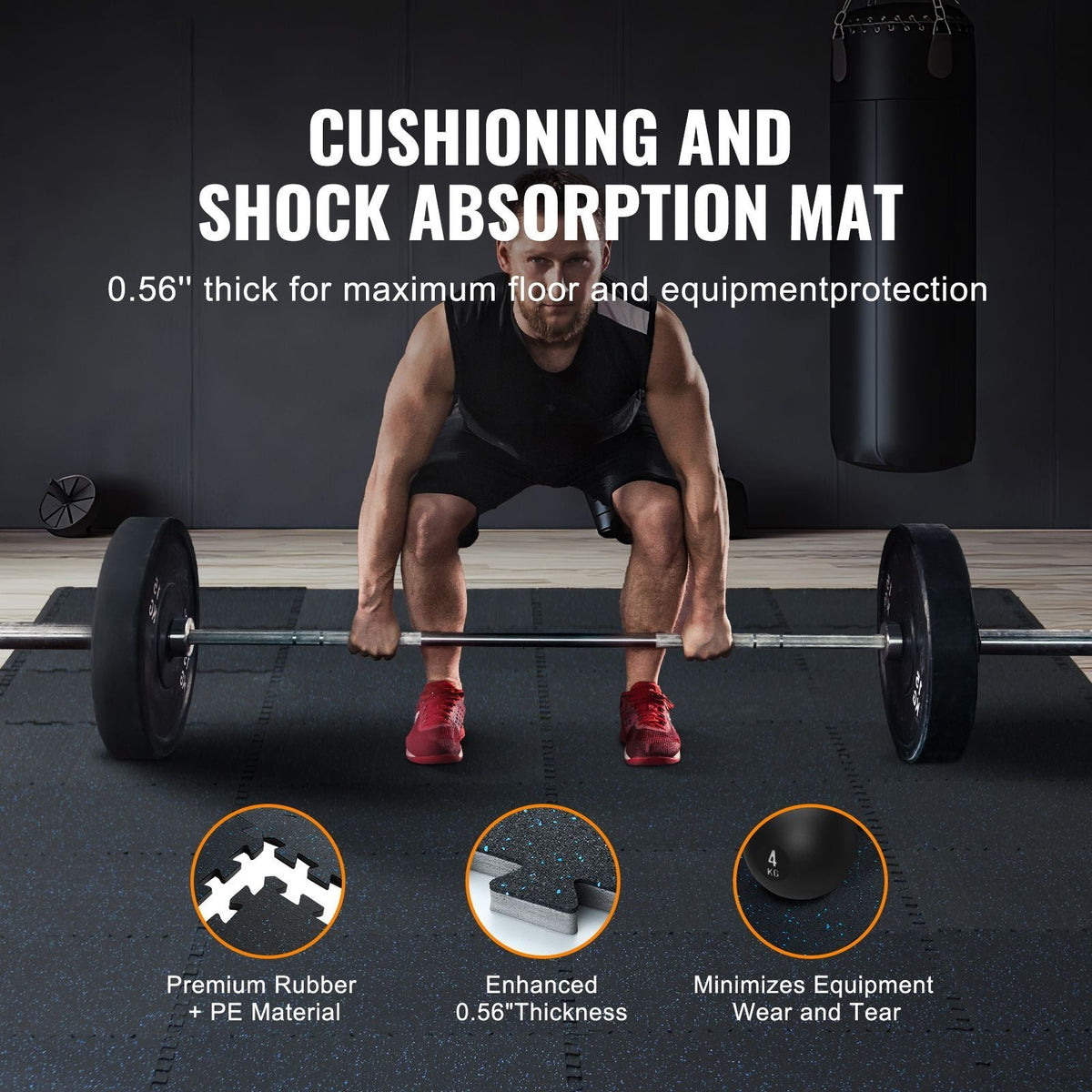 0.56 Inch Thick Gym Floor Mats, 12 Tiles Rubber Top with EVA Foam, 25" x 25" Gym Flooring Workout Mats with 48 sq.ft Coverage, Interlocking Puzzle Gym Mats for Gym, Home, Garage, Black & Blue