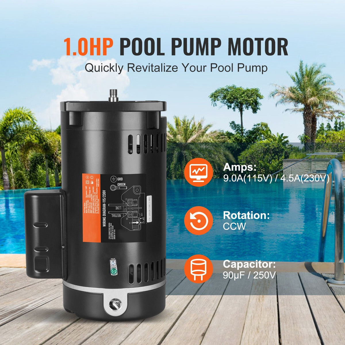 1 HP Pool Pump Motor, 56Y Frame, 115V(9 Amps)/230V(4.5 Amps) 3450RPM, 60Hz, 1.25 Service Factor, 90μF/250V Capacitor, CCW Rotation Square Flange Replacement Motor